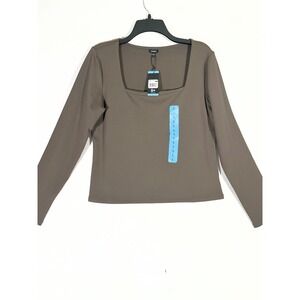 Express Slim Fit Crop Top Womens L Brown Squareneck Long Sleeve Trendy Stretch